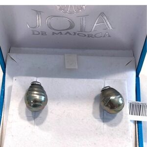 Joia de Majorca Black Baroque Pearl Clip-On Earrings 12x14mm‎ Rhodium Plated